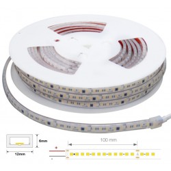 Tira LED 230V monocolor 15W/mt 120L/mt. SMD 2835 IP67 12x6mm corte cada 100mm, rollo 5mts x 7,20€/m